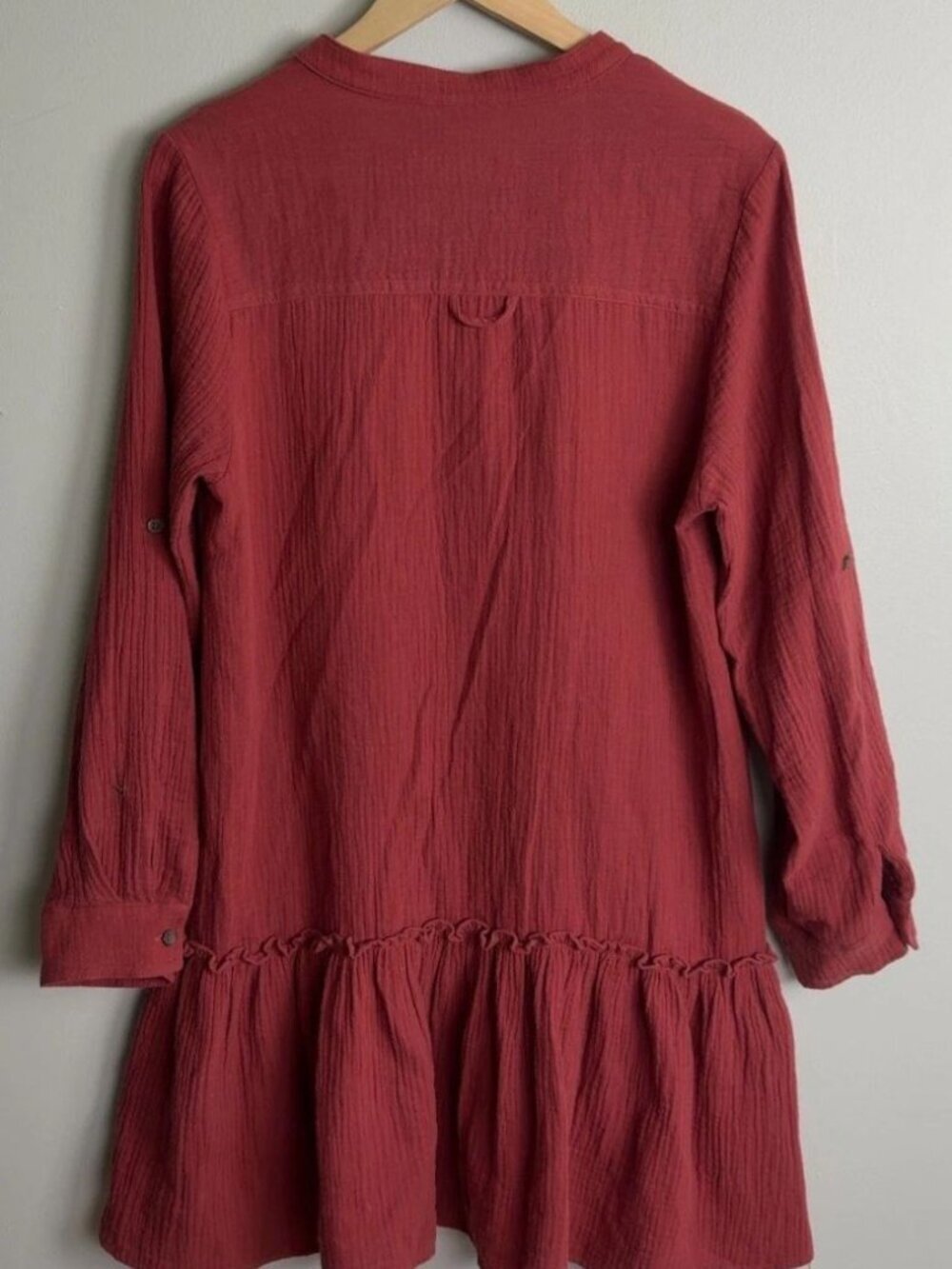 First Monday Red Button-Down Tunic Dress Long Sleeve Ruffled Hem Textured Gauze - Picture 2 of 5